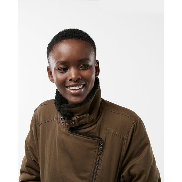 EXPRESS $168 Twill Faux Fur Moto Jacket Army Green Black Fleece Coat XS XSmall - Picture 4 of 4